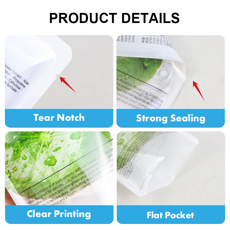 Product details graphic showing tear notch, strong sealing, clear printing and flat pocket advantages of cosmetic three side seal sachets.