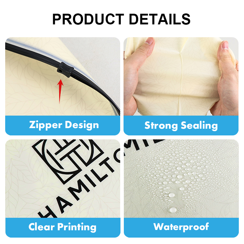 Product details: slider zipper, tight seal, clear printing, waterproof surface.