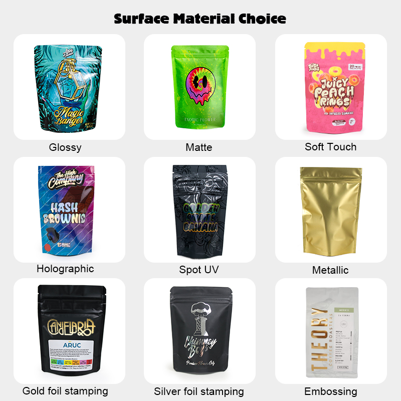 Various surface material choices for pouches: glossy, matte, soft touch, holographic, spot UV, metallic, foil stamping and embossing.