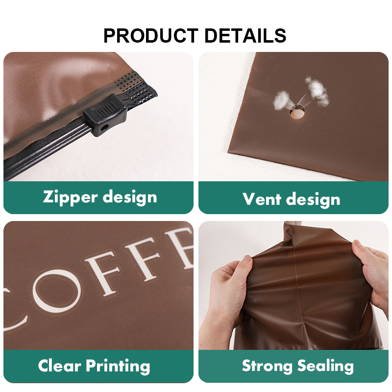 Product detail chart showing zipper, vent valve, clear printing and strong sealing features of coffee pouches.