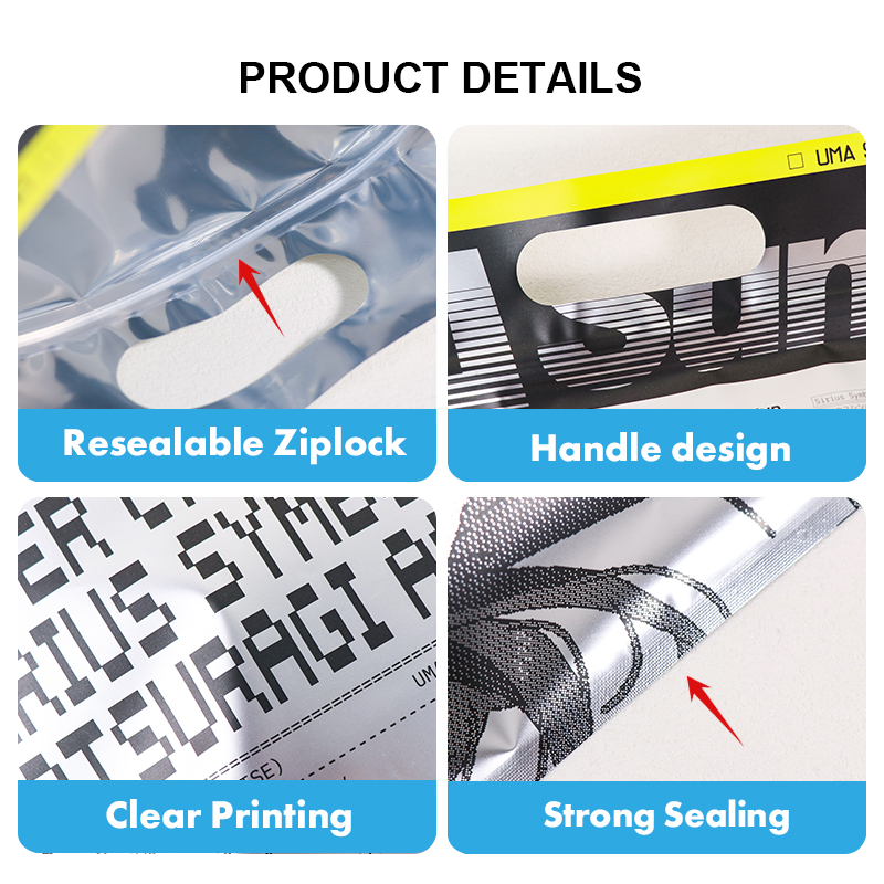 Features: resealable ziplock, cut-out handle, vivid print and tight sealing.