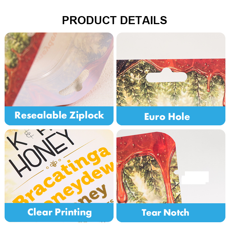 Packaging details: resealable ziplock, euro hang hole, clear printing and tear notch.