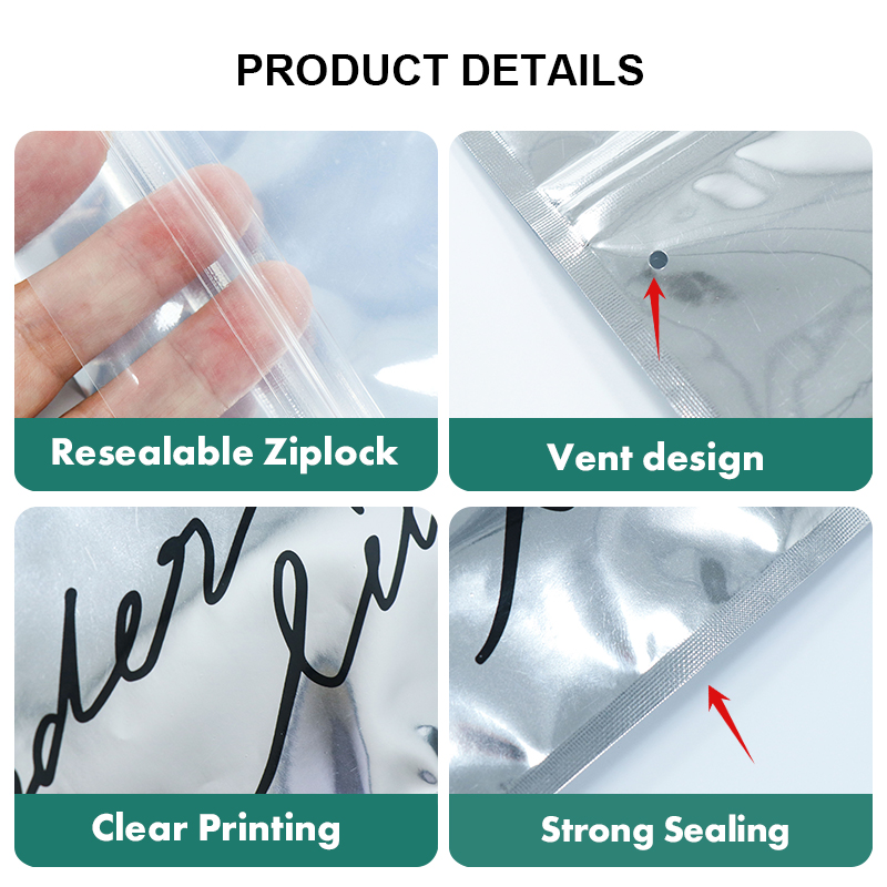 resealable ziplock, air vent, clear custom printing and strong heat sealing for aluminized clothing bags.