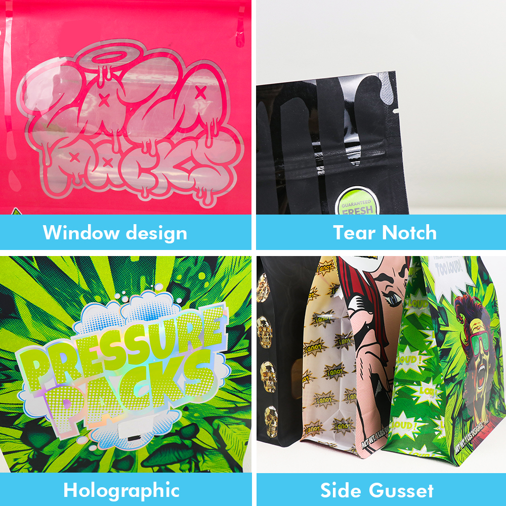 Display optional features: window design, tear notch, holographic effect and side gusset for custom packaging bags.