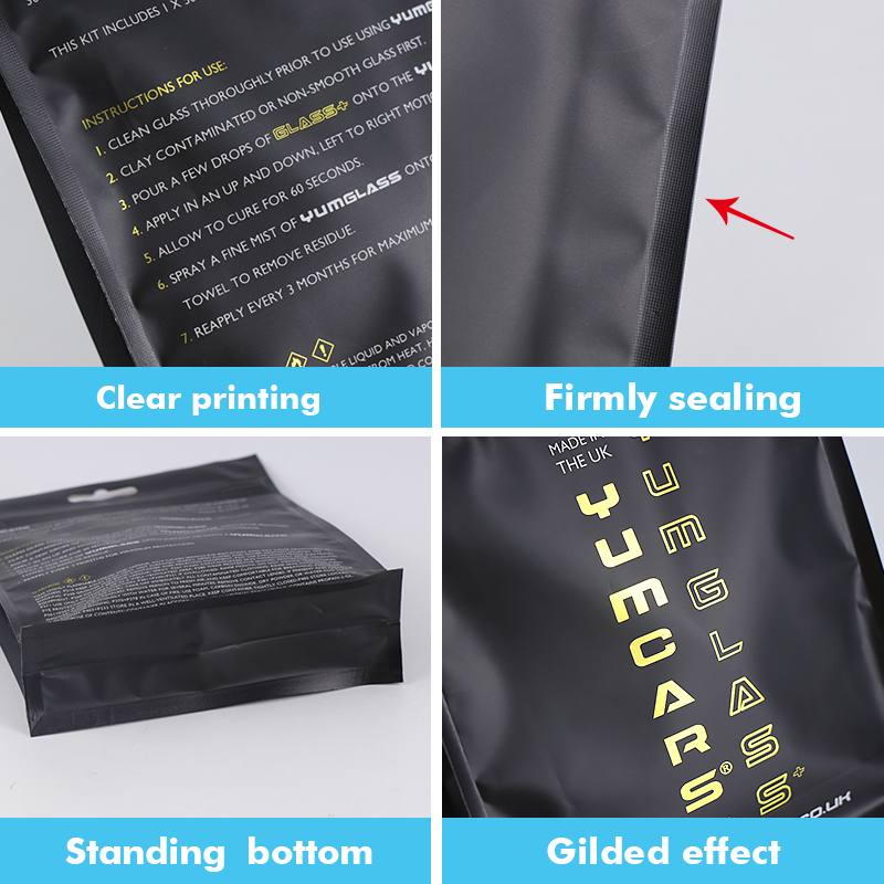 4-in-1 close-up display showing clear printing, firm sealing, stand bottom and gold foil gilded effect of black zipper pouch.