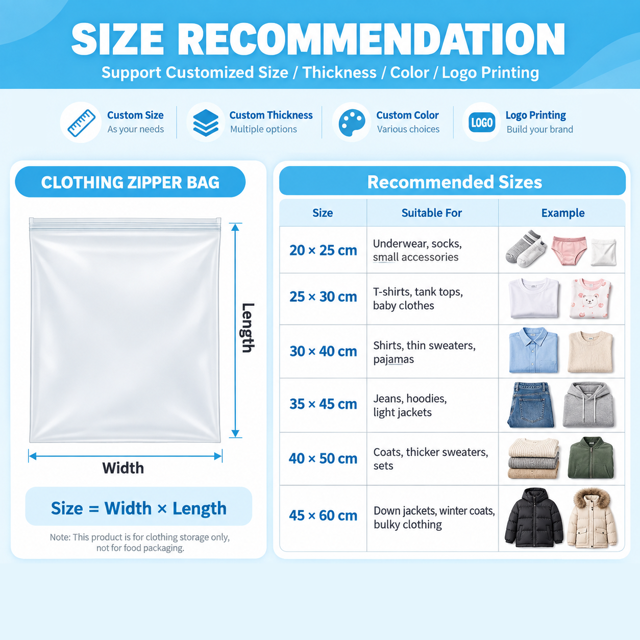 Size guide for apparel zipper bags, support custom size, thickness and logo.