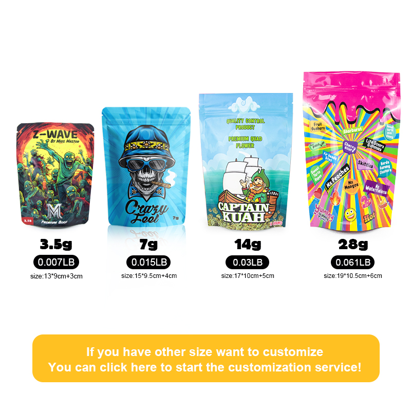 3.5g,7g,14g,28g standard sizes available, accept custom size for printed resealable pouches.