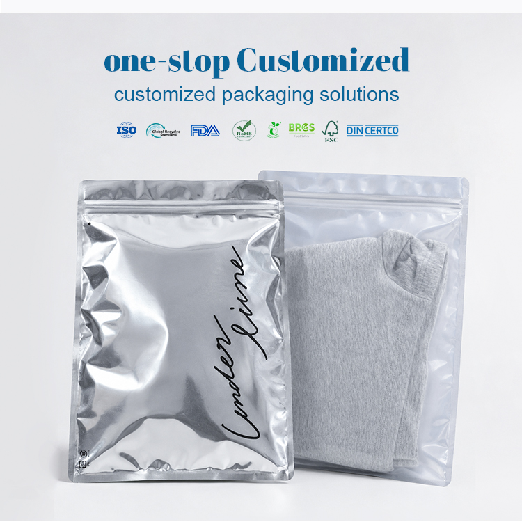 One-stop customized clothing packaging bags, metallic silver zipper pouch with transparent window for garments, display with multiple certification logos.