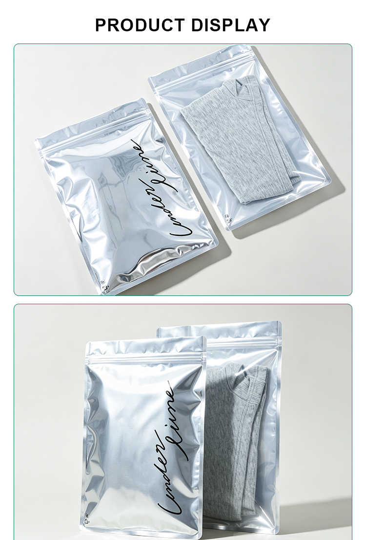 Two styles of silver foil zip pouches shown in different angles, custom printed for underwear and clothing packaging.