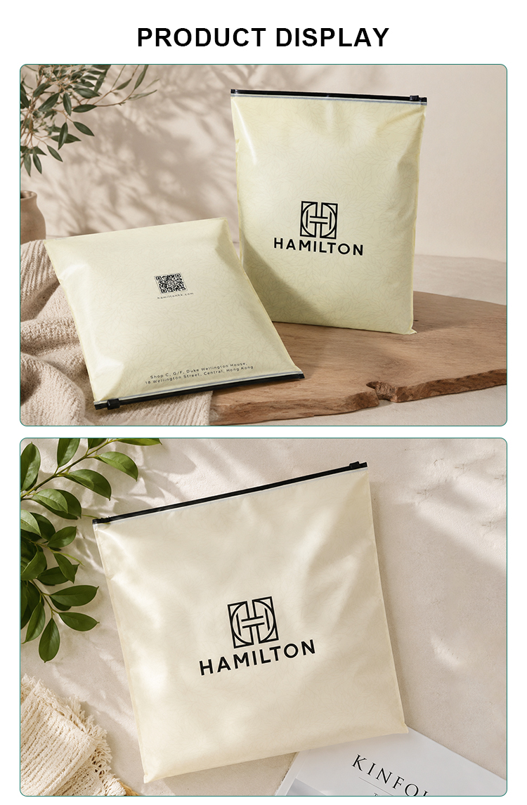 Multi-view showcase of branded slider bags for garment retail packaging.