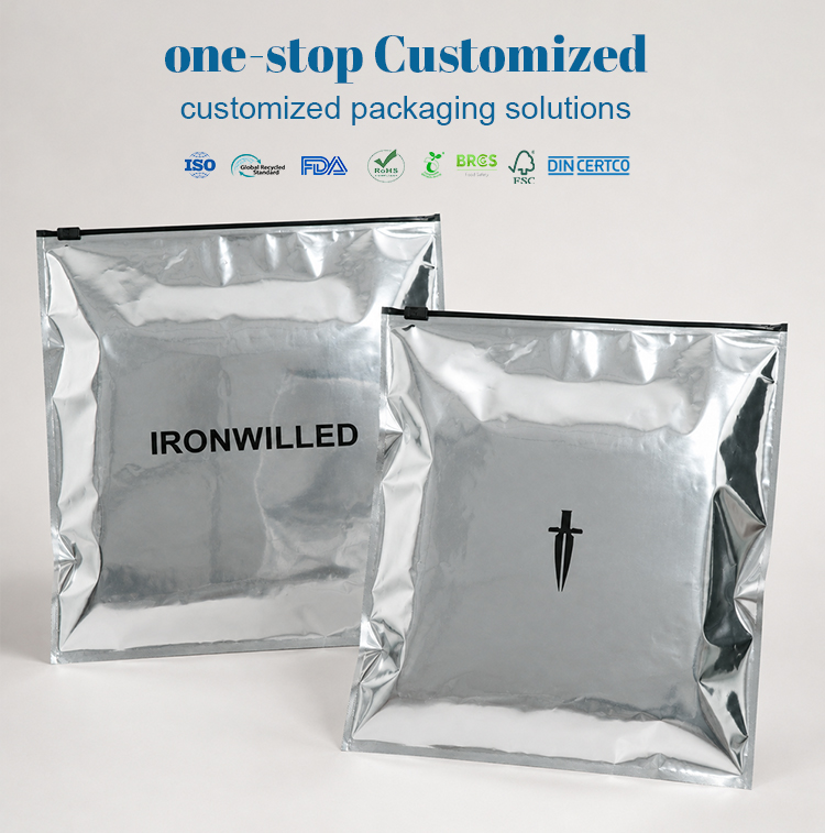 One-stop custom packaging service for silver foil slider bags with multiple certification.