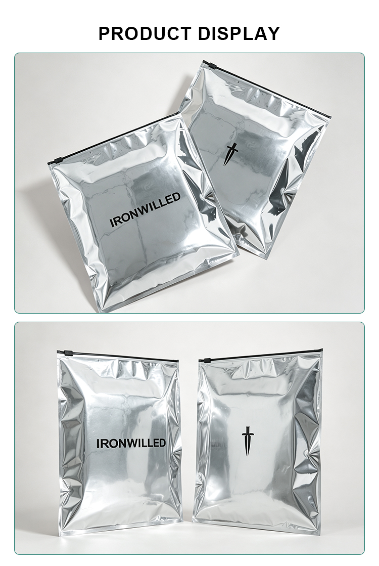 Product display of shiny metallic zipper pouches with custom logo printing.