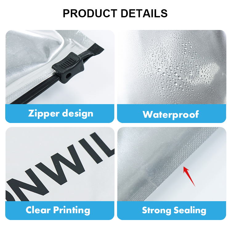 Features: slider zipper, waterproof, clear printing and strong heat sealin