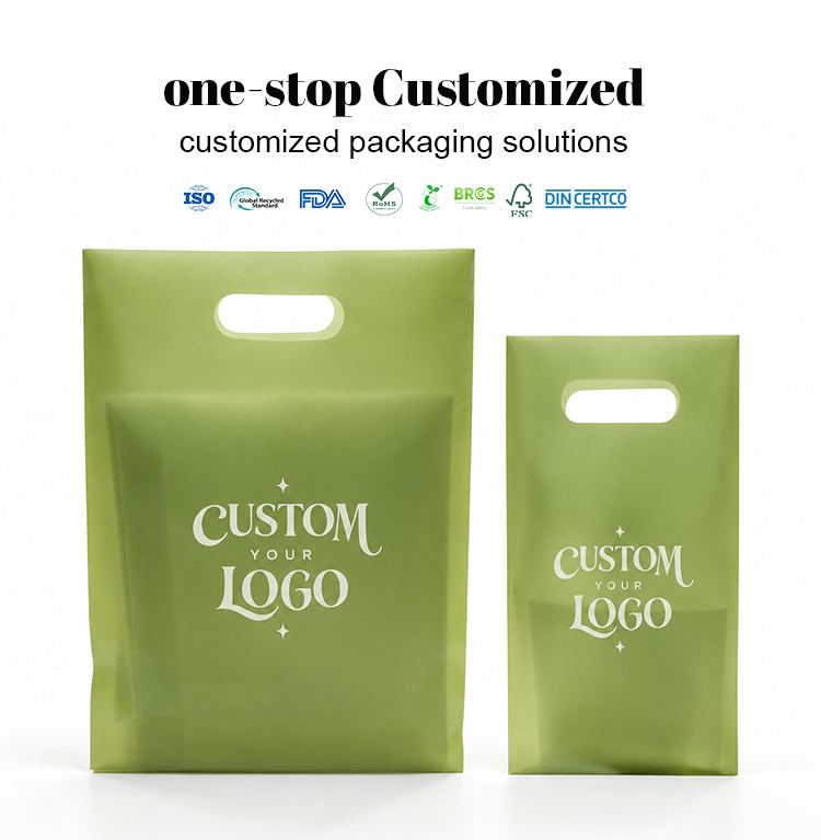 Custom logo printed green CPE frosted bags, available in multiple sizes with certification display.