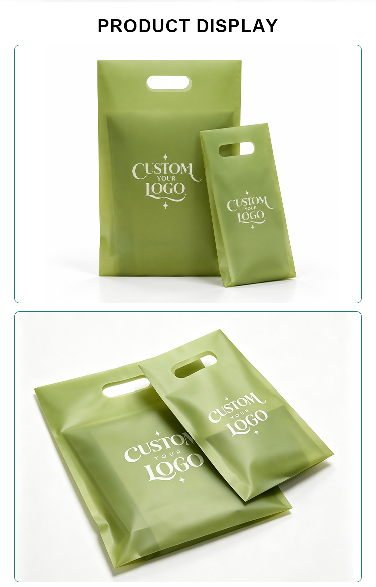Multi-angle showcase of custom printed frosted plastic bags in different sizes.
