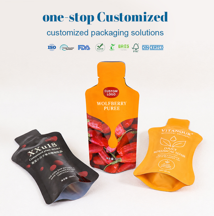 Custom bottle-shaped sachets for wolfberry puree & plant beverage, with multiple certifications.
