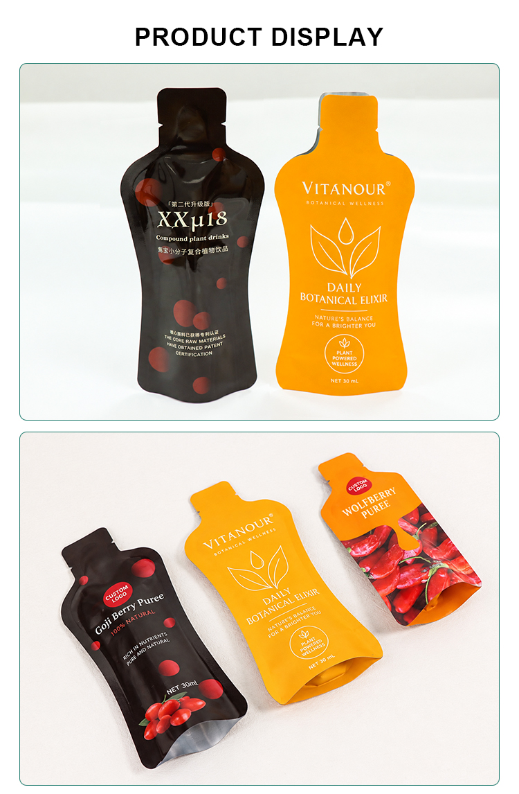 Various printed custom shaped 30ml sachets for plant drinks and goji berry puree.