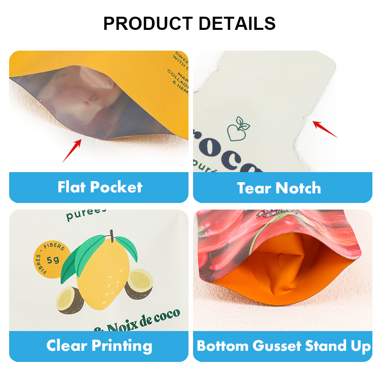 Details: flat pocket, tear notch, clear printing and bottom gusset stand up design.