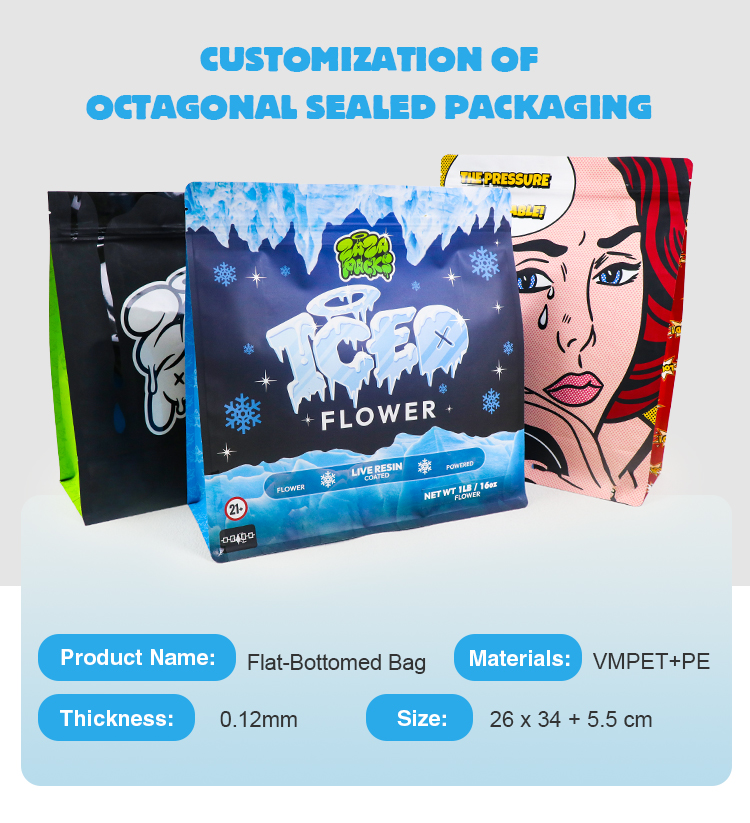 Custom printed flat-bottom octagonal sealed packaging bags, material VMPET+PE, 0.12mm thickness, with custom graphic printing.