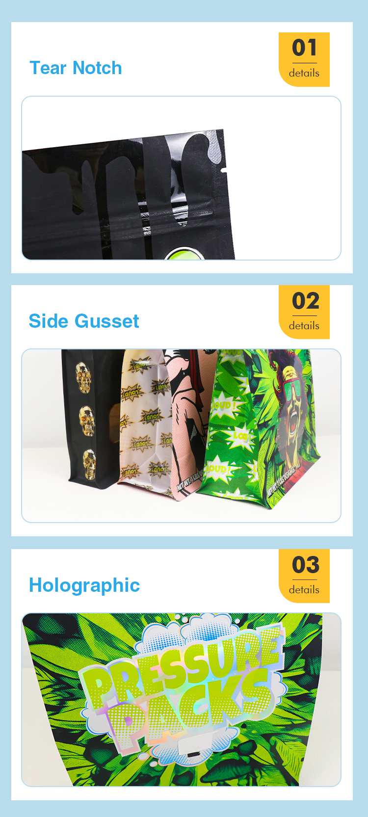 Details of tear notch, side gusset and holographic printing for custom flat bottom pouches.