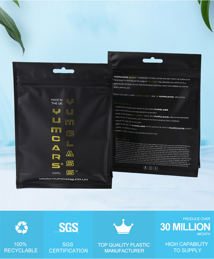 Matte black zipper bags with custom gold printing, 100% recyclable, SGS certified packaging.