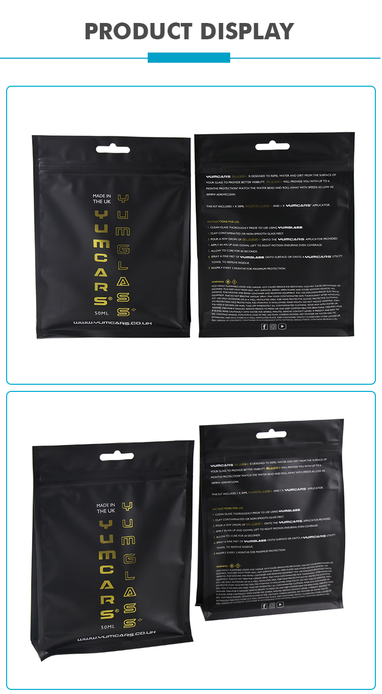 Front and back views of custom printed black stand up bags for retail packaging.