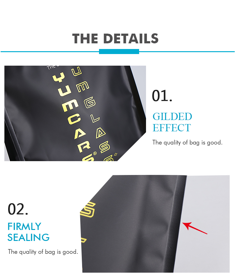 Close-up showing gilded logo printing and firm edge sealing of the pouch.