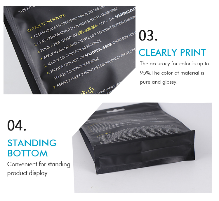 Clear backside text printing and flat stand bottom for shelf display.