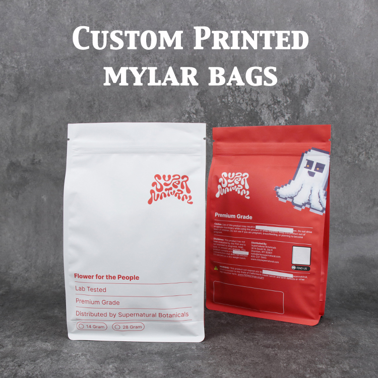 Custom printed mylar zipper bags, front and back printed design for brand packaging.