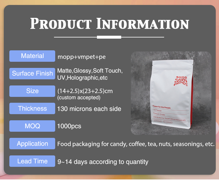 Spec sheet showing material, surface finish, custom size, MOQ, application and lead time.
