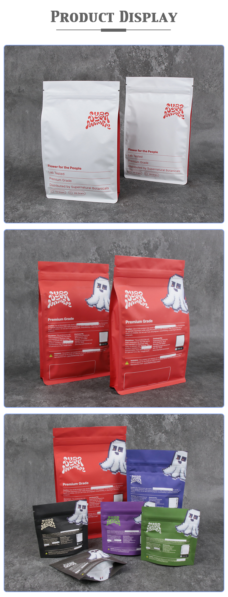 Full product showcase with multiple colors and sizes of custom printed stand up mylar pouches.
