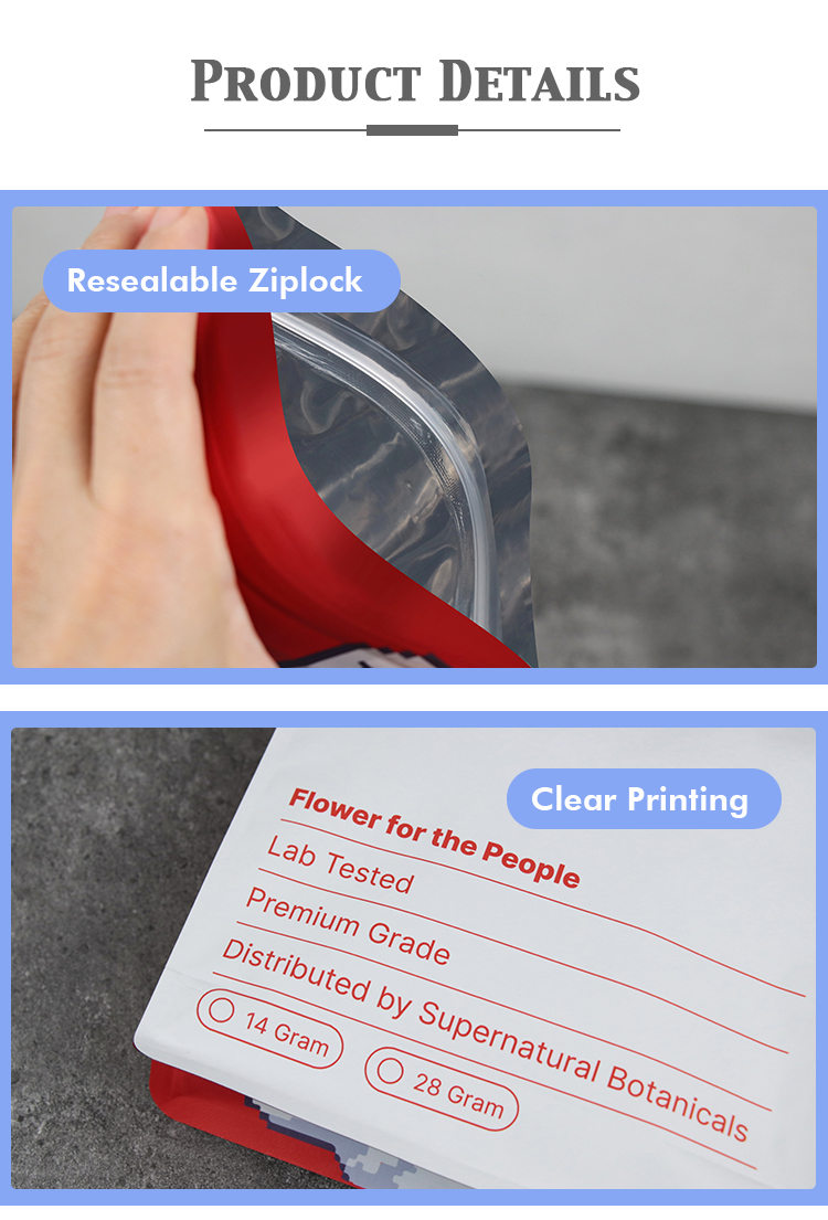 Product details: resealable ziplock closure and sharp, clear custom printing.