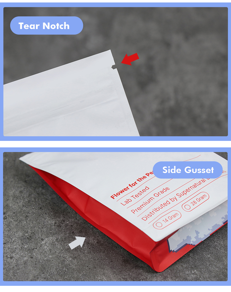 Convenient tear notch for easy opening, side gusset to keep pouch standing upright.