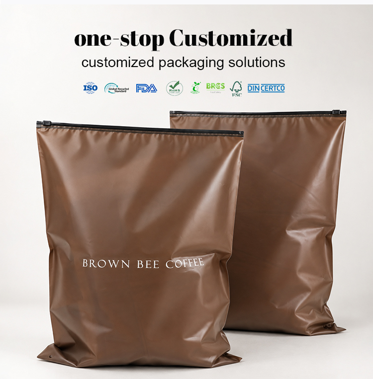 Large brown coffee zipper pouches with certification icons, showing one-stop customized packaging service for coffee brands.