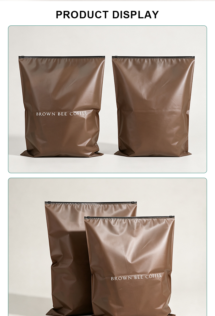 Multi-view showcase of large brown custom printed coffee bags with slider zipper, standing pouches for coffee beans.