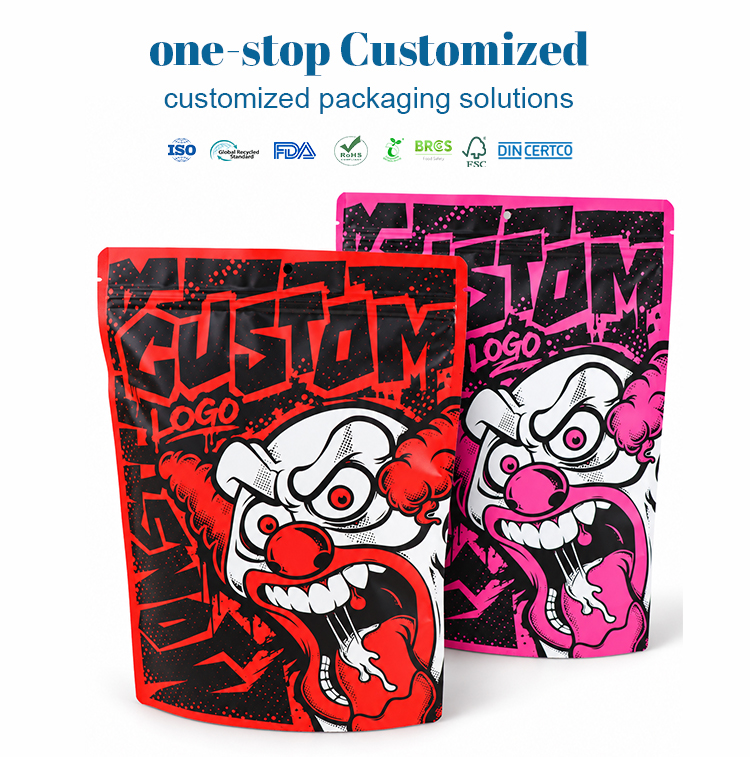 Custom zipper stand bags with bold clown graphic, red & pink options, multiple food safety certifications.