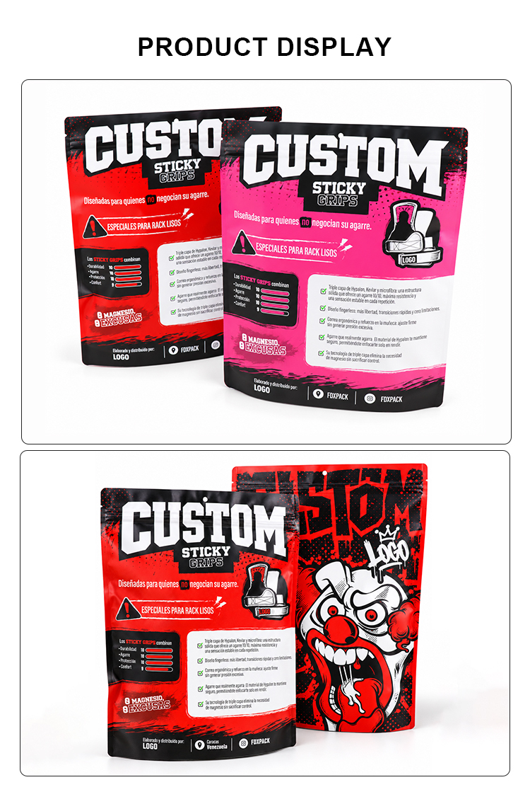 Front and back views of custom stand-up pouches with Spanish text for fitness supplement packaging.
