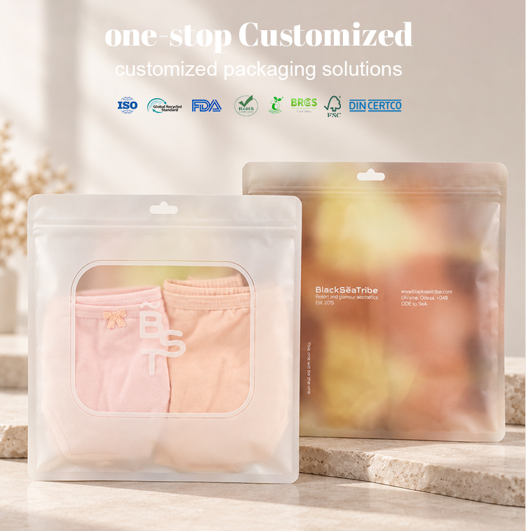 One-stop custom packaging solution, frosted plastic bags with window for underwear, multiple certifications available.