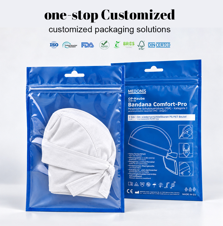 Custom printed blue resealable hang hole zip pouches for medical scrub caps, multiple international certifications.