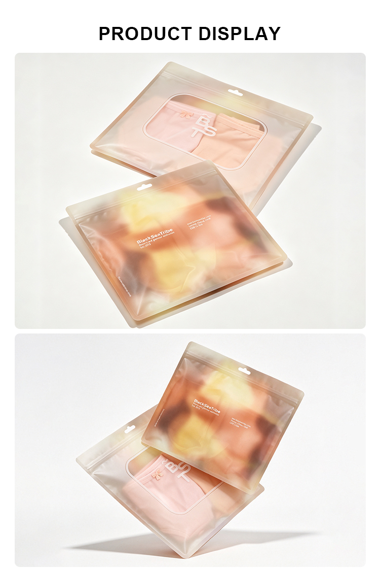 Multi-angle showcase of custom printed matte zipper pouches with hang hole and window.