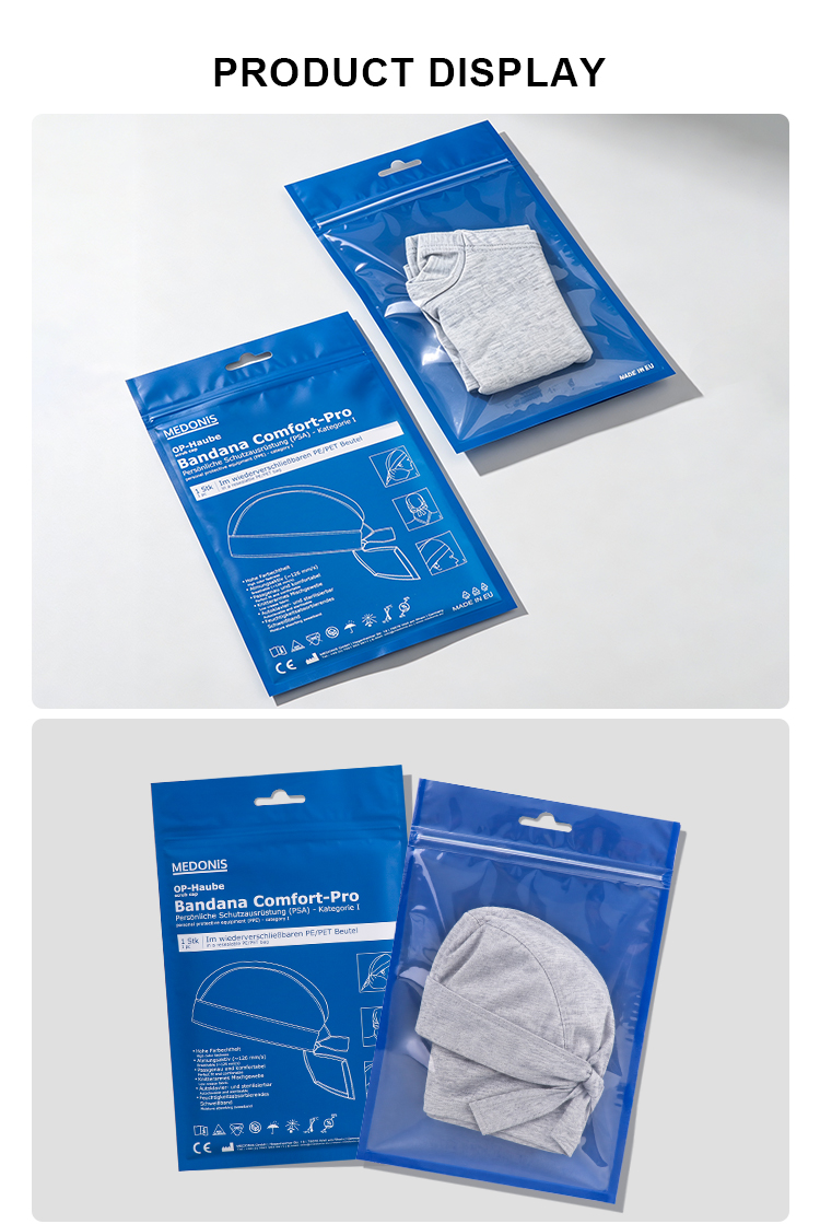 Custom blue ziplock bags with transparent window, used for surgical bandana cap packaging.