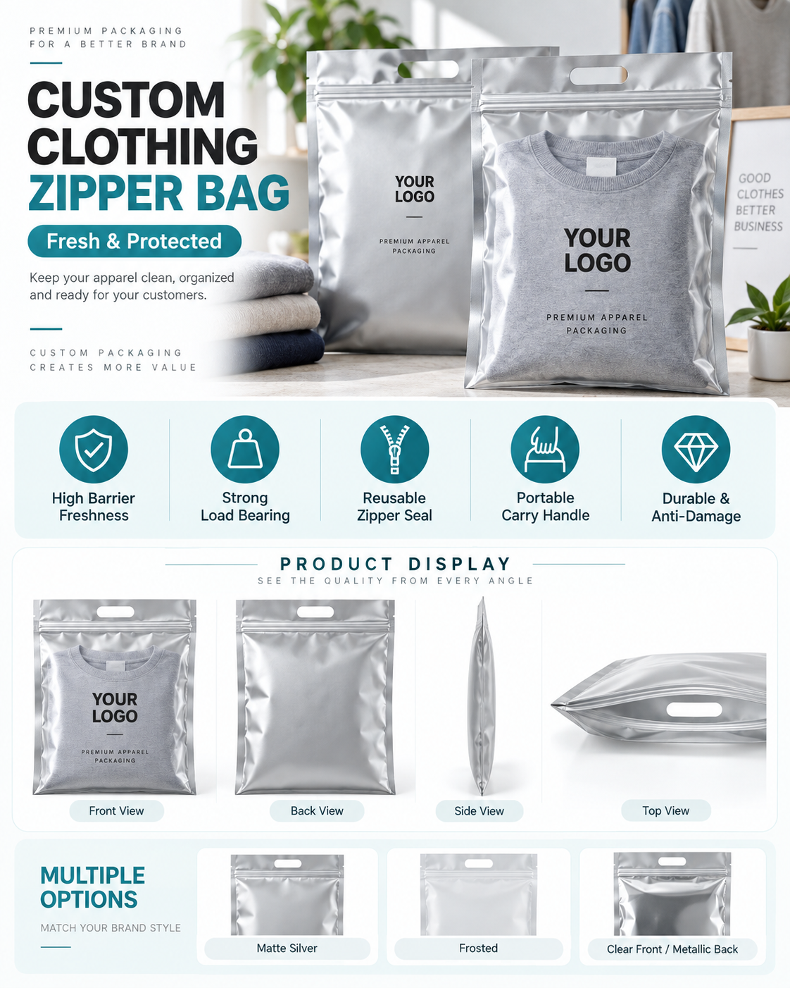 Silver zipper bags with carry handle for clothing packaging, high barrier & reusable.