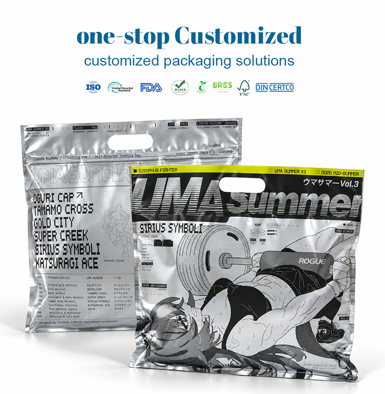 Custom silver foil handle bags with full artwork printing, certified packaging solution.