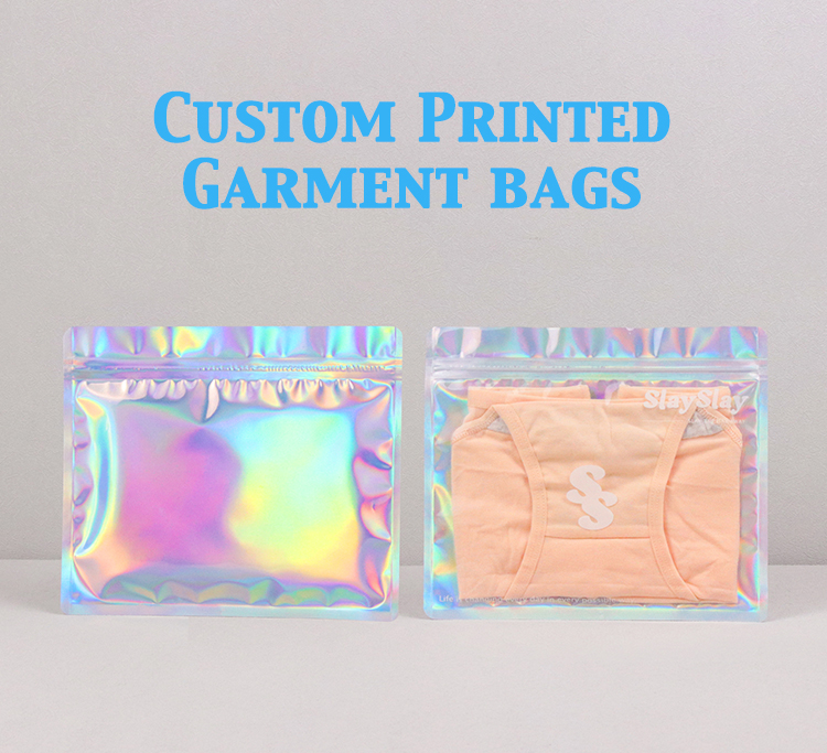 Two iridescent holographic zip lock garment pouches, one empty and one packed with underwear, custom printed clothing packaging bags