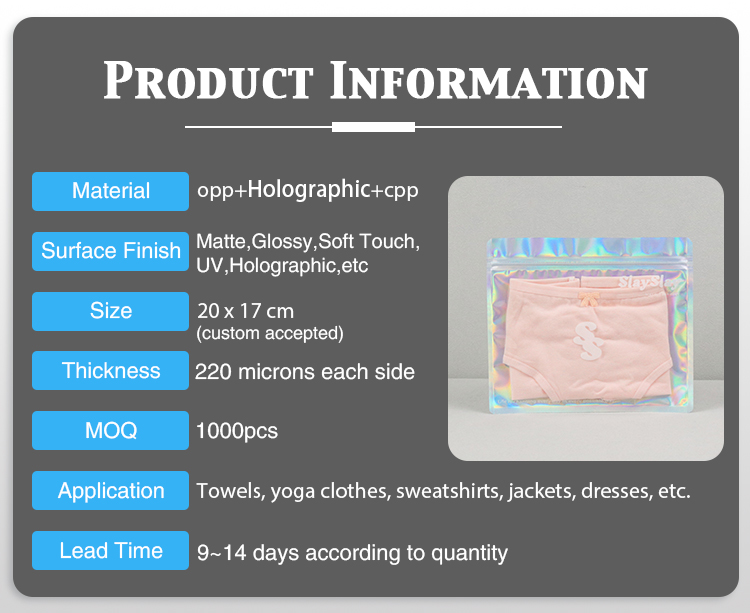 Product info table for custom holographic garment zipper bags, showing material, size, thickness, MOQ, application and lead time