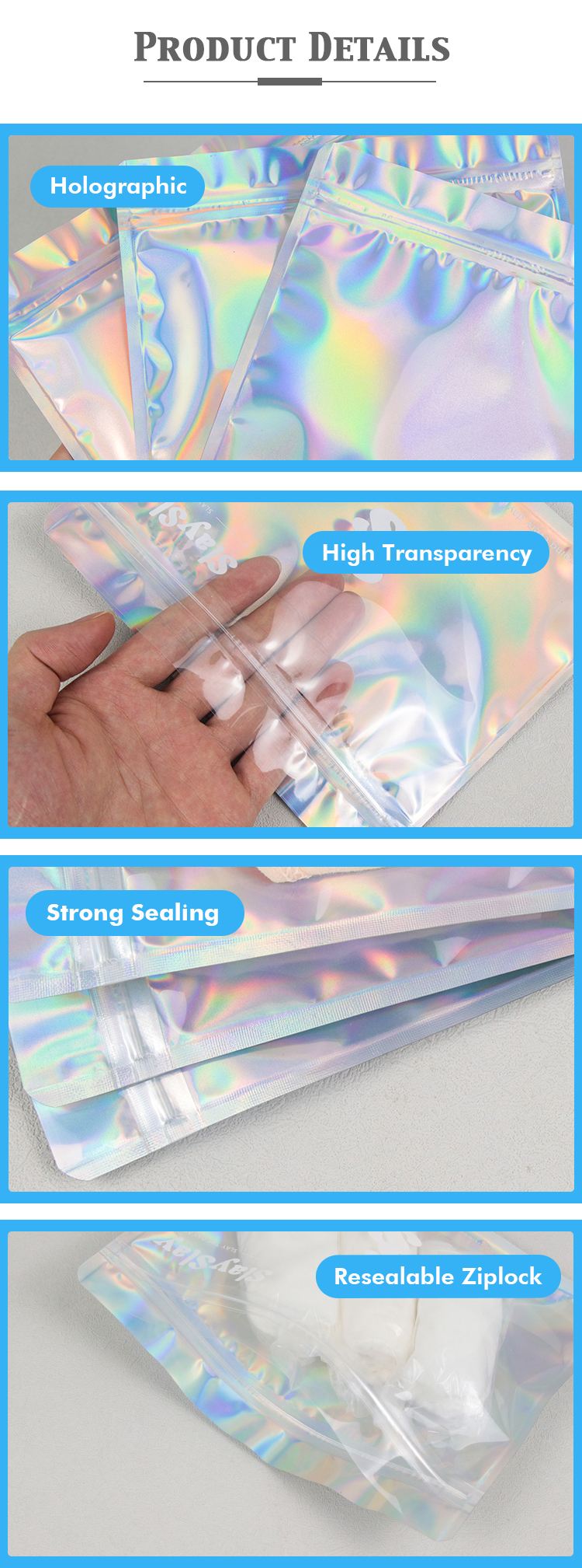 Product details collage showing holographic finish, high transparency, strong sealing and resealable ziplock for clothing packaging bags