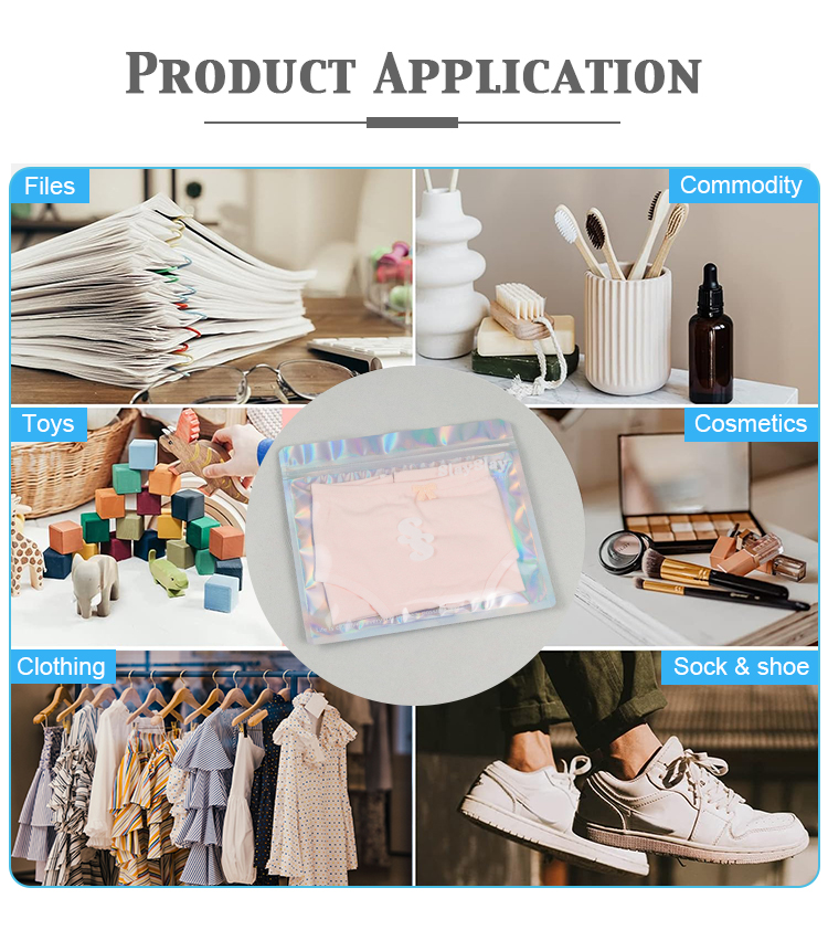 Product application diagram, holographic zip bags used for clothing, cosmetics, toys, documents, socks and daily commodities
