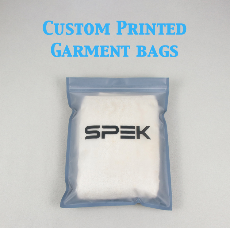 Frosted blue zip pouch with SPEK logo, packed with towel, custom clothing packaging bag.
