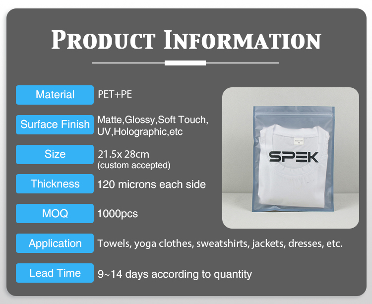 Product info chart with material, size, MOQ, lead time and applications for apparel packaging pouches.
