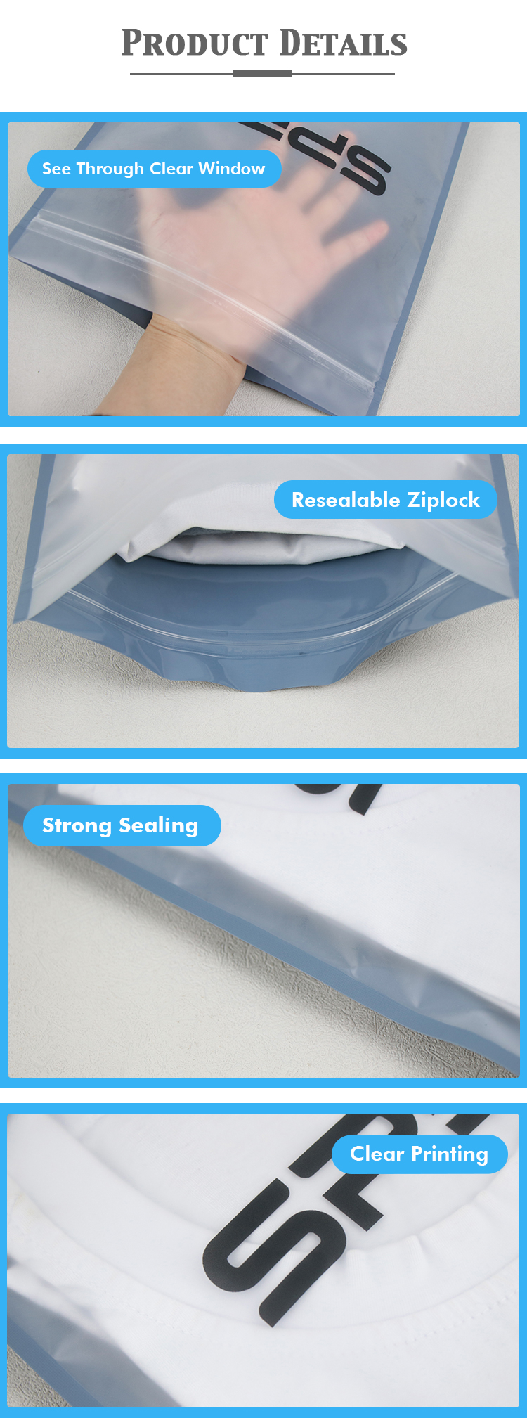 Infographic showing features: semi-transparent window, resealable ziplock, strong sealing and clear printing.